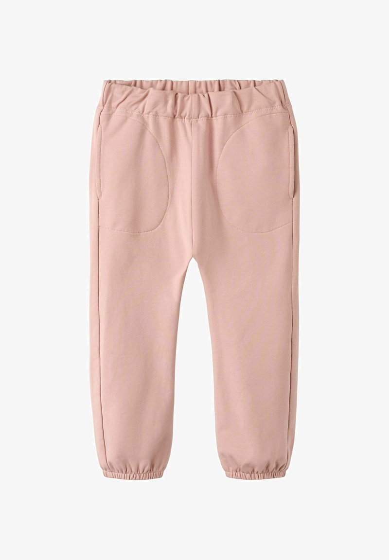 Pantalones para niño pequeño en rosa claro con cintura y puños elásticos, con parches ovalados cosidos en los muslos delanteros y bolsillos laterales.