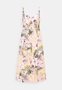 Blumenkleid mit Spaghetti-Trägern, mit einem pinkfarbenen Hintergrund, grünen und gelben Blättern sowie Knopfdetails an der Vorderseite.