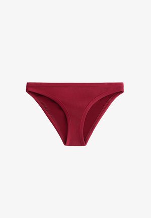 Rode geribbelde bikini onderkant met een lage taille, voorzien van een gestructureerde stof en een gladde afwerking. Schone lijnen en een minimalistisch ontwerp.