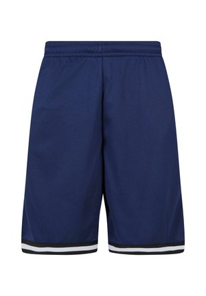 Navy blue mesh shorts with elastic waistband, featuring white and black striped accents at the hem. Lightweight and breathable fabric.