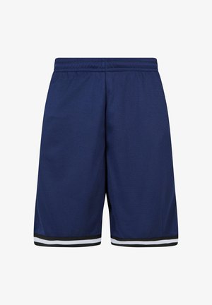 Marinblå meshshorts med elastisk midja, med vita och svarta randiga detaljer vid fållen. Lätt och ventilerande tyg.