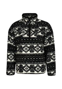 Pullover in pile con mezza zip, caratterizzato da un motivo geometrico bianco e nero, superficie texturizzata, colletto alto e dettagli neri.