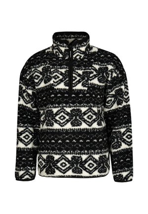Fleece pullover met halve rits, voorzien van een zwart-wit geometrisch patroon, gestructureerd oppervlak, hoge kraag en zwarte afwerking.