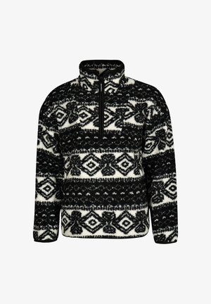 Sudadera de forro polar con media cremallera, que presenta un patrón geométrico en blanco y negro, superficie texturizada, cuello alto y ribetes negros.