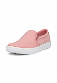 Scarpe slip-on rosa con una superficie liscia e opaca, pannelli laterali elastici e una suola in gomma bianca con un design rigato.
