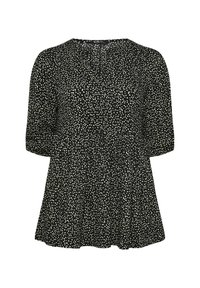 Blusa nera con pois bianchi, caratterizzata da un colletto rotondo e maniche corte. Design leggero e svasato con pieghe decorative.
