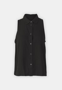 Chemise sans manches noire à boutons, fabriquée dans un tissu léger, dotée d'un col et d'une rangée de boutons sur le devant. Design simple.