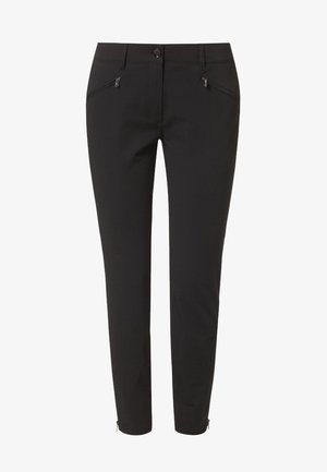 Pantalon noir slim avec fermeture à bouton sur le devant, deux poches zippées en biais, et zips aux chevilles, présenté sur un fond blanc.