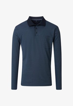 Navy long-sleeve polo shirt featuring a collar, three-button placket, and single chest pocket. Made from textured fabric.