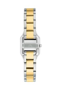 Orologio in acciaio inox argento e oro con cassa rettangolare, bracciale a maglie e una corona prominente. Superficie liscia e lucida con logo inciso.
