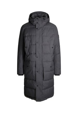 Dunkelgraue Steppjacke mit Kapuze, ausgestattet mit vorderen Druckknöpfen, zwei großen Klappentaschen und einer gesteppten Textur. Mittellanges Design.