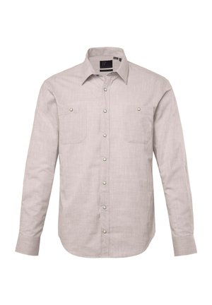 Camicia a maniche lunghe grigia chiara con due tasche sul petto, chiusura a bottoni e una texture sottile. Presenta bottoni a scatto verdi e un colletto classico.