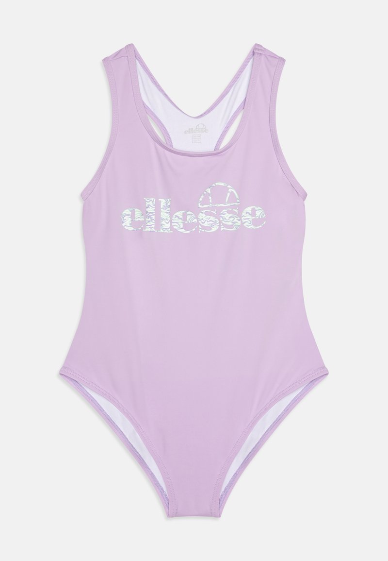 Fialový jednodílný plavky s logem v vlnitém vzoru, s kulatým výstřihem a křížovými ramínky, vyrobené z hladké látky.