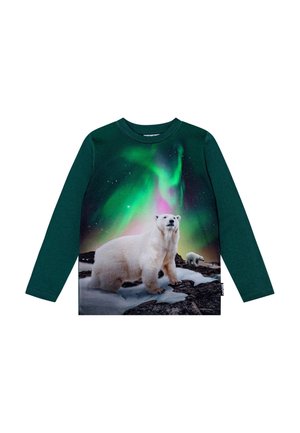 Ciemnozielona koszula z długim rękawem z nadrukiem dwóch niedźwiedzi polarnych na pokrytych śniegiem skałach pod niebem z zielonymi i fioletowymi zorza polarną.