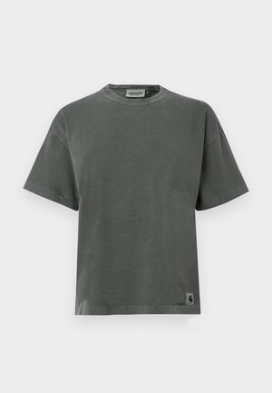 Tricou din bumbac gri, cu gât rotund, mâneci scurte și croială dreaptă. Dispune de un etichetă mică cu logo în colțul din stânga jos.