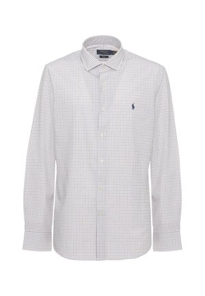 Camicia bianca a maniche lunghe con bottoni, motivo a quadri blu e marroni, colletto e piccolo logo di un giocatore di polo blu navy sul petto sinistro.