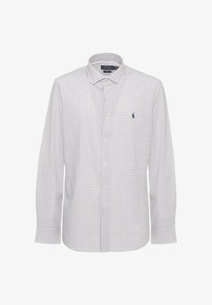 Camicia bianca a maniche lunghe con bottoni, motivo a quadri blu e marroni, colletto e piccolo logo di un giocatore di polo blu navy sul petto sinistro.