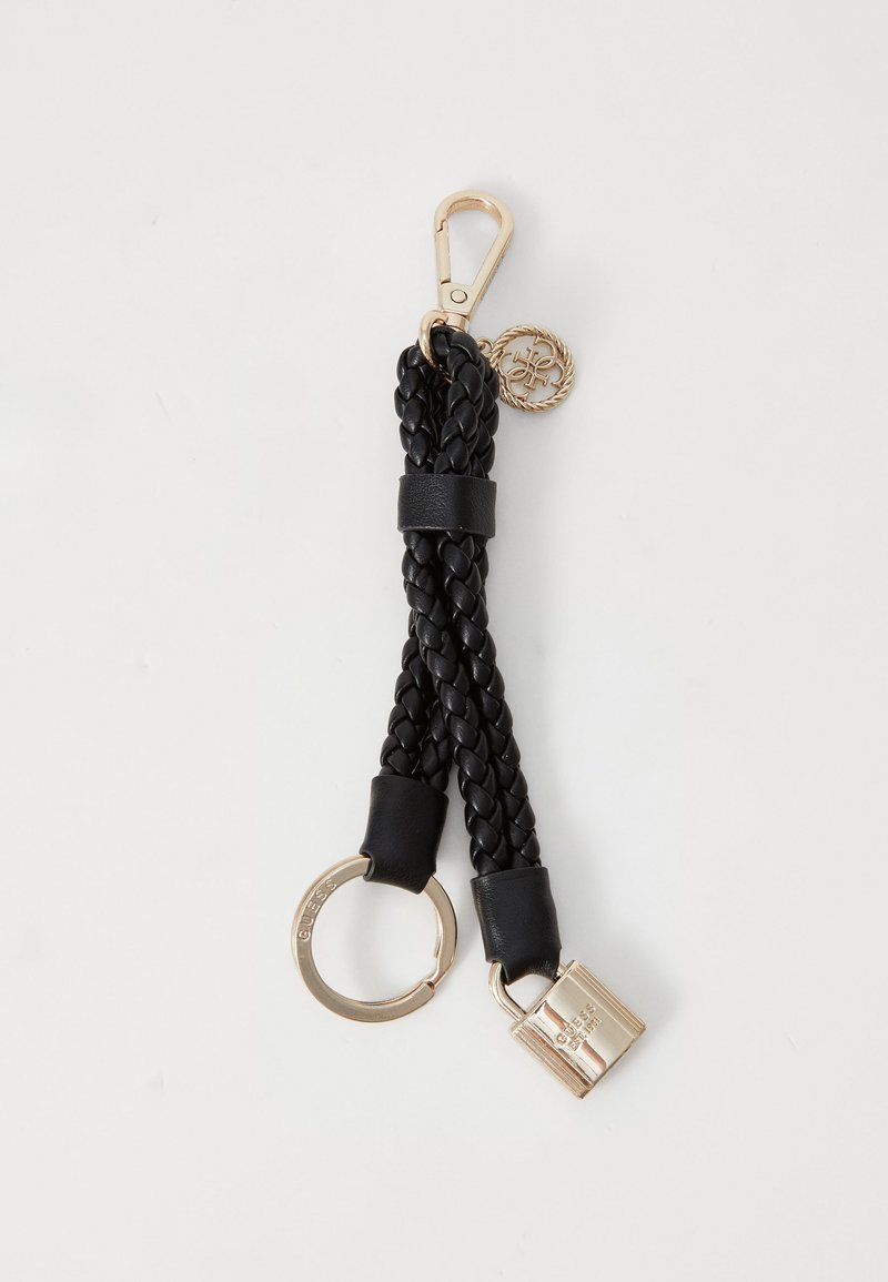 Brevetă împletită neagră cu accesorii aurii, dotată cu un clip detașabil, un inel rotund pentru chei și un mic charm în formă de lacăt aurit.