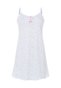 Vestido de dormir floral en azul claro y blanco, con una tapeta de botones con botones rosas y un pequeño lazo rosa, tirantes delgados.