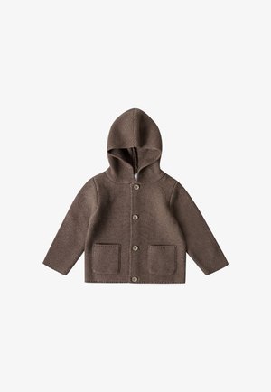 Cardigan à capuche marron en tricot avec manches longues, fermeture à boutons à l'avant et deux poches carrées devant.