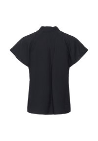 Camicia nera a maniche corte con colletto, tessuto testurizzato e silhouette dritta. La vista posteriore presenta un design semplice senza decorazioni.