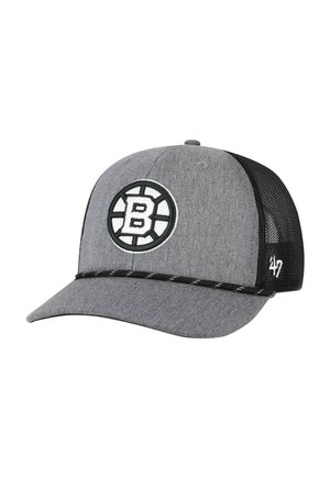 Graue und schwarze Baseballkappe aus Mesh mit Boston Bruins-Logo auf der Vorderseite und "47 brand" auf der Seite aufgestickt.