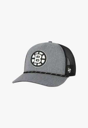 Graue und schwarze Baseballkappe aus Mesh mit Boston Bruins-Logo auf der Vorderseite und "47 brand" auf der Seite aufgestickt.