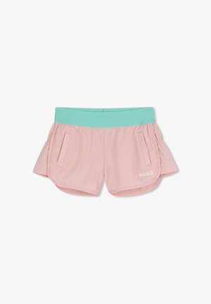 Shorts de sport roses avec ceinture turquoise, poches latérales, panneaux latéraux perforés et logo "HUGO" sur la jambe avant droite.