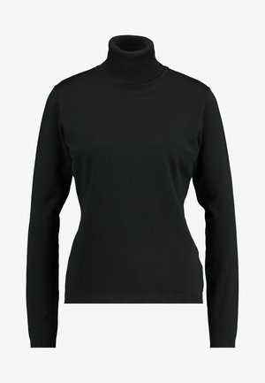 Black turtleneck sweater made from a soft, stretchy fabric. Features long sleeves and ribbed neck and hem detailing for a fitted look.
