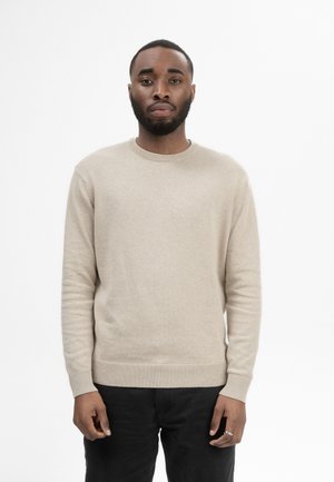 Junger Mann mit Bart, der einen beigen Pullover und schwarze Hose trägt, steht vor weißem Hintergrund mit neutralem Gesichtsausdruck.
