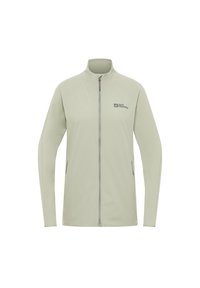 Giacca softshell grigia chiara con colletto alto, zip completa, tasche laterali e logo sul lato sinistro del petto. Tessuto liscio e leggero.