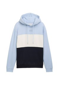 Jasnoniebieska bluza z kapturem z białymi i czarnymi poziomymi paskami, z przodu sznurki oraz małe logo "Denim Tom Tailor" na klatce piersiowej.