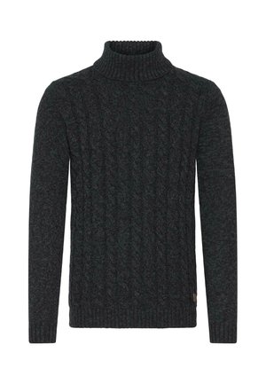 Donkergroen kabelgebreide trui met een hoge geribbelde col en lange mouwen. Bevat een textuurpatroon en een aansluitende taille.