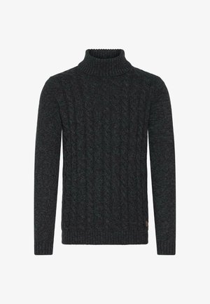 Donkergroen kabelgebreide trui met een hoge geribbelde col en lange mouwen. Bevat een textuurpatroon en een aansluitende taille.