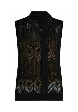 Top negru fără mâneci din tricot cu guler înalt și panglică lungă, având un model fin și deschis de dantelă pe toată suprafața.