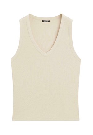 Top a canottiera beige a costine con scollatura a V e senza maniche. Il tessuto sembra morbido con una leggera texture, adatto per essere sovrapposto o per climi caldi.