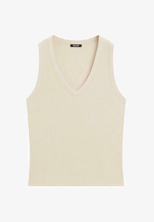 Beige geripptes Tanktop mit V-Ausschnitt und ohne Ärmel. Der Stoff wirkt weich mit einer leichten Textur, ideal zum Kombinieren oder für warmes Wetter.