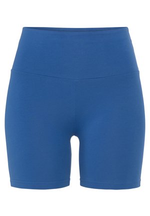 Blue stretchy shorts with a high waistband. Smooth texture and fitted design with no visible patterns or hardware.