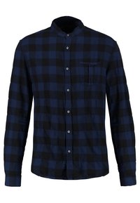 Sininen ja musta ruudullinen pitkähihainen paita, jossa pystykkaulus, napillinen etupuoli ja pieni rintatasku vasemmalla puolella.