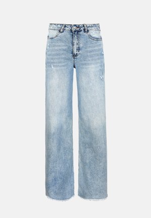 Jean bleu clair à jambes larges, taille haute, fermeture à boutons et zip à l'avant, avec des détails subtils usés sur les cuisses.