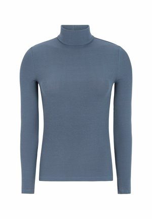 Modrá rebrovaná roláková blúzka s dlhými rukávmi a priliehavým strihom. Vyrobená z mäkkej, štruktúrovanej látky a s vysokým golierom.