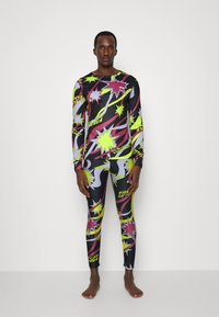 Langärmliger Bodysuit und Leggings in Schwarz, mit auffälligem, mehrfarbigem grafischen Muster mit Sternen und Text. Dehnbare, glatte Stoffe.