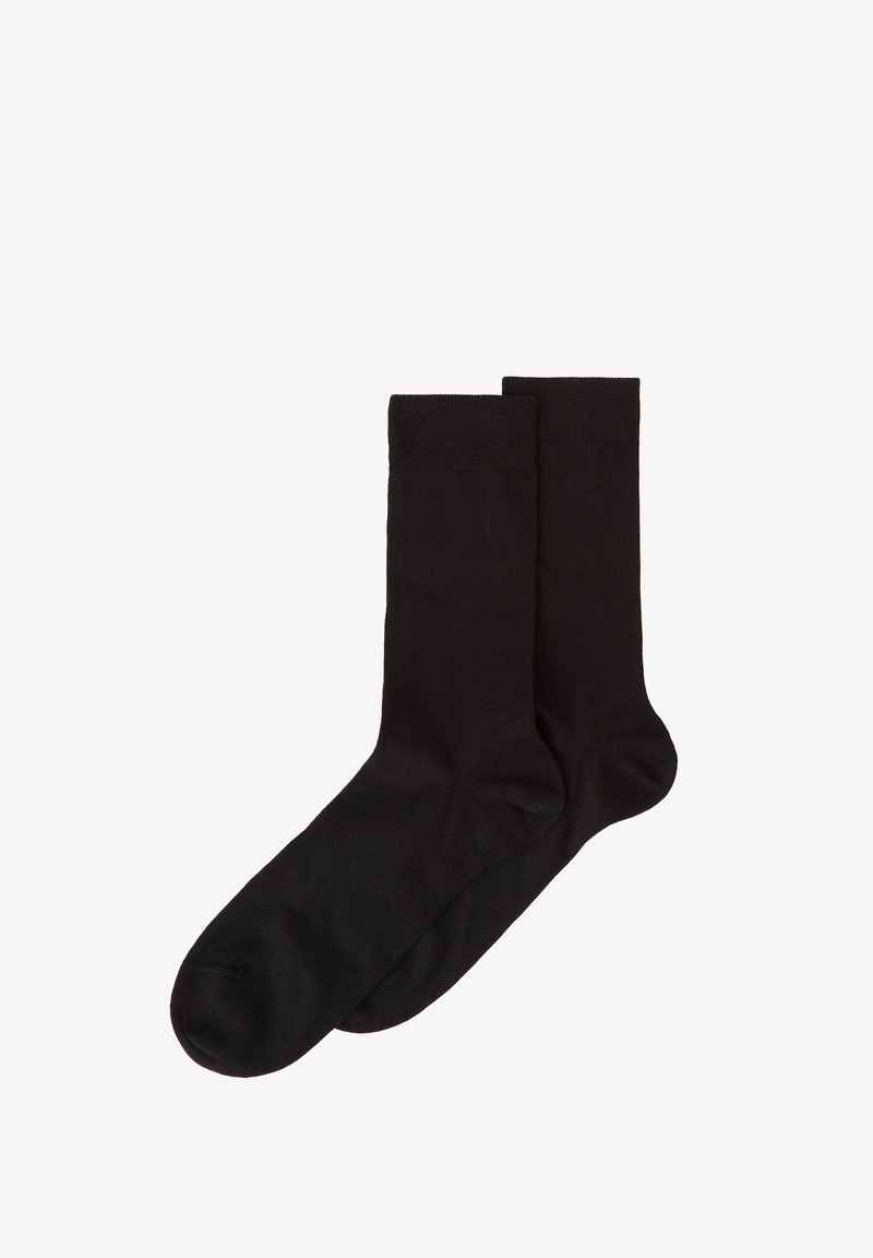 Sorte bomuldsstrømper med en glat tekstur, standard længde og ribbede manchetter. Ingen mønstre eller karakteristiske detaljer er synlige.