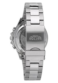 Orologio in acciaio inox lucido con finitura brillante, bracciale a maglie e chiusura sicura. Presenta una cassa rotonda e dettagli cronografici sul lato.