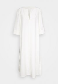 Bílé šaty ke kolenům s výstřihem do V, tříčtvrtečními rukávy a bočními kapsami. Vyrobené z hladké, lehké látky.