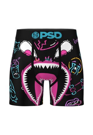 Svarte boxerbrief med fargerikt tegneseriestil haifjes ansikt og abstrakte kruseduller i rosa, blått, gult og hvitt, samt en blå PSD-logo på linningen.