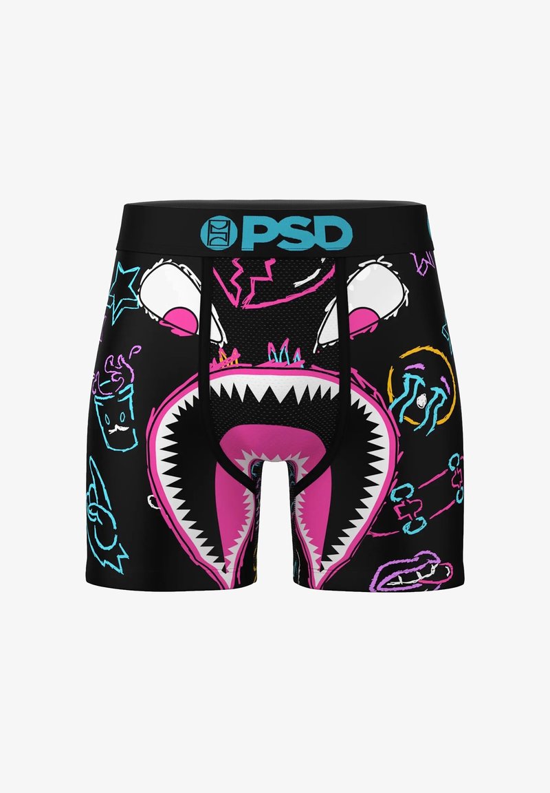 Čierne boxerky s farebnou karikatúrnou tvárou žraloka a abstraktnými cmarančinami v ružovej, modrej, žltej a bielej farbe a modrým logom PSD na páse.