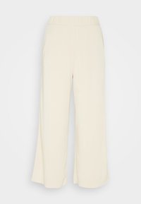 Crème wijde broekspijpen met een elastische tailleband, gemaakt van zacht materiaal, zonder zakken en met een gladde, effen vlakke textuur.