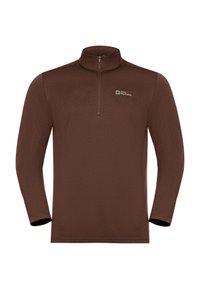 Brauner Fleece-Pullover mit langen Ärmeln, Viertelreißverschluss und Jack Wolfskin-Logo auf der linken Brust.