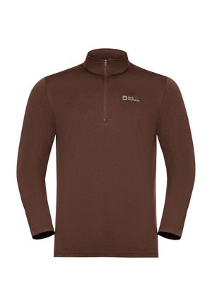 Bruine fleece pullover met lange mouwen, kwart-rits en Jack Wolfskin-logo op de linkerborst.